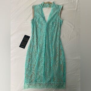 BEBE Aqua Lace V-Neck Bodycon Dress